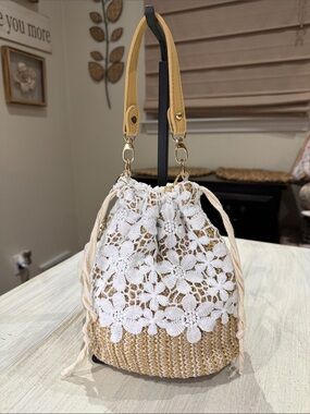 Vintage Source Unknown White Lace & Tan Woven Drawstring Mini Bag